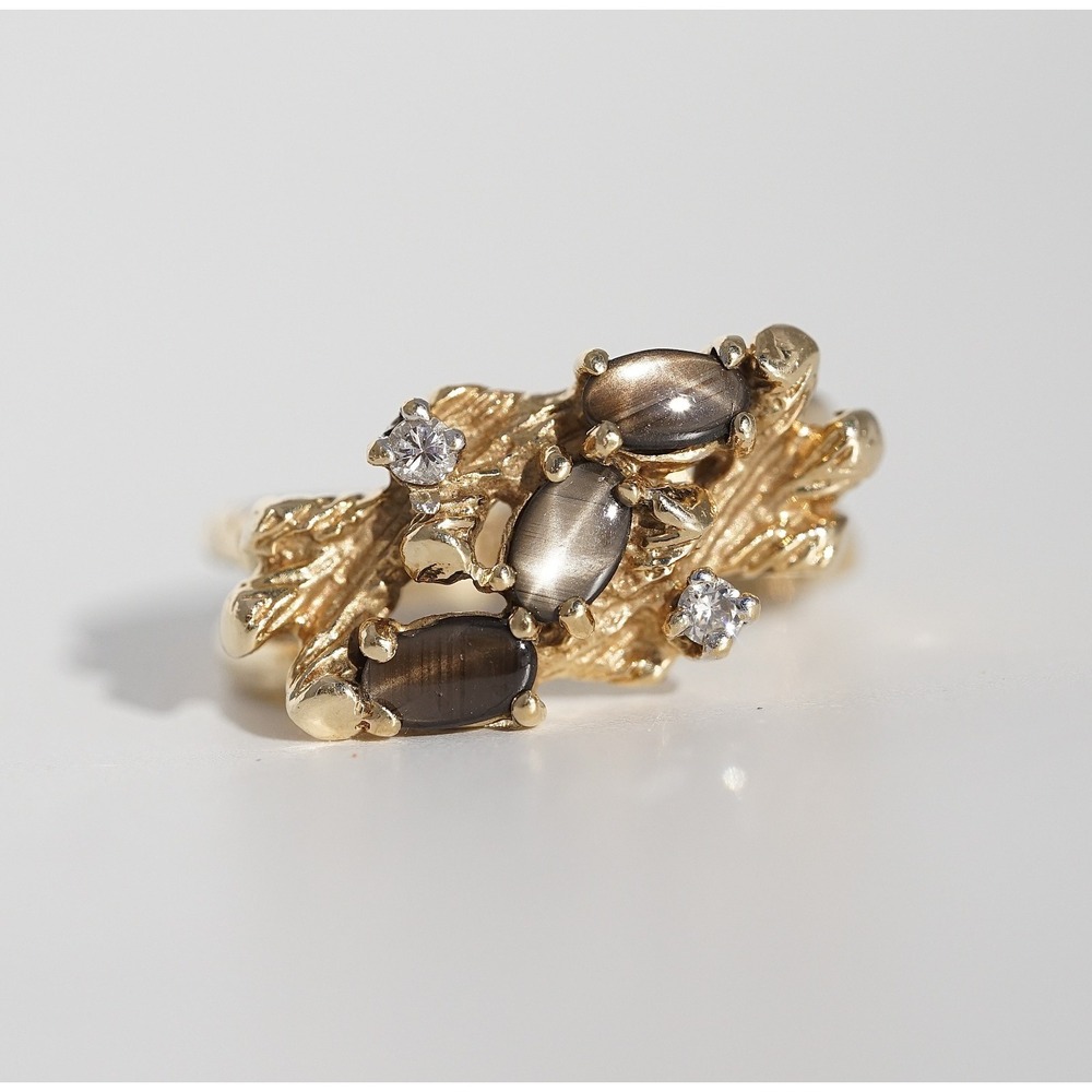 Vintage 14k Solid Yellow Gold Natural Earth Mined Diamond &‎ Star Sapphire Ring